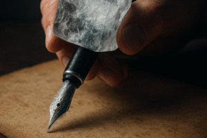 Mão segurando caneta-tinteiro congelada em cubo de gelo, simbolizando bloqueio criativo. Fotografia conceitual com fundo escuro e papel antigo.