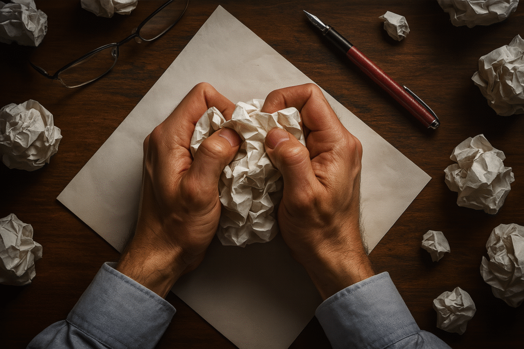 As mãos apertam mais do que papel amassado — seguram a frustração de quem tenta criar e não consegue. Ao redor, os vestígios silenciosos do bloqueio criativo. No centro, a vontade de recomeçar.