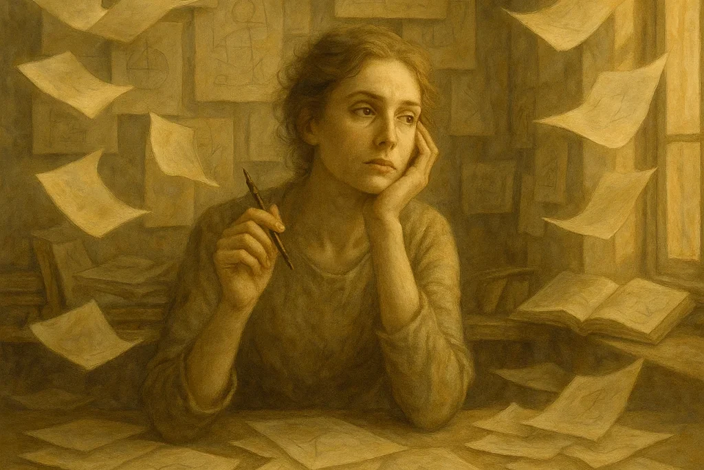 Mulher pensativa à mesa, rodeada por folhas voando — metáfora visual para bloqueio criativo ou procrastinação na criação de conteúdo.